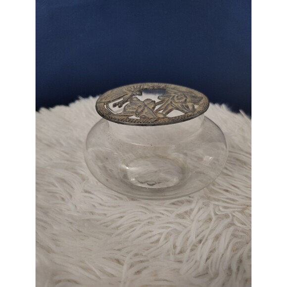 Vintage Metzke Pewter Butterfly Floral  Glass Potpourri Trinket Dish - Picture 2 of 7